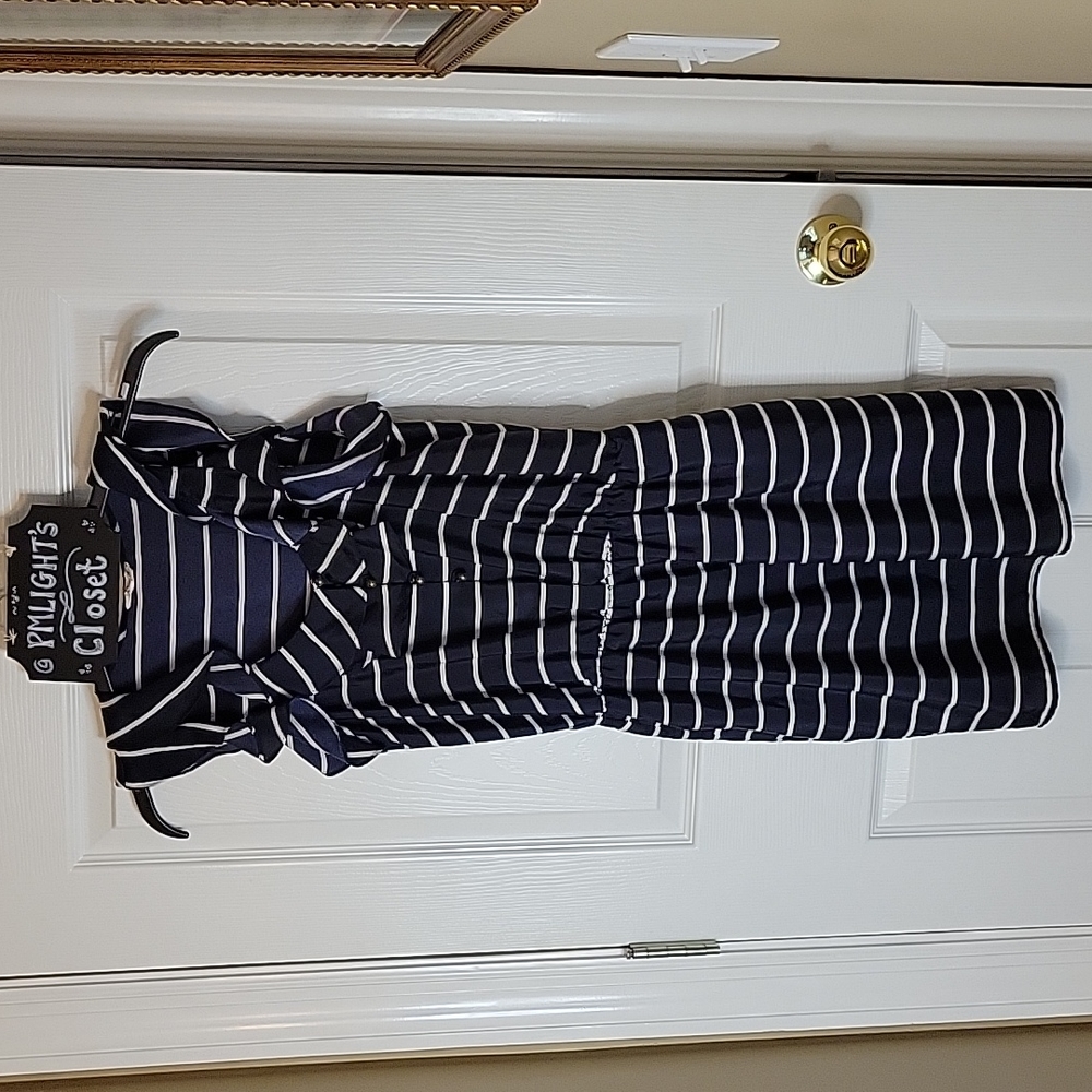 Maison Jules Small Mini Dress Navy Blue White Stripe Ruffled Neck Pockets